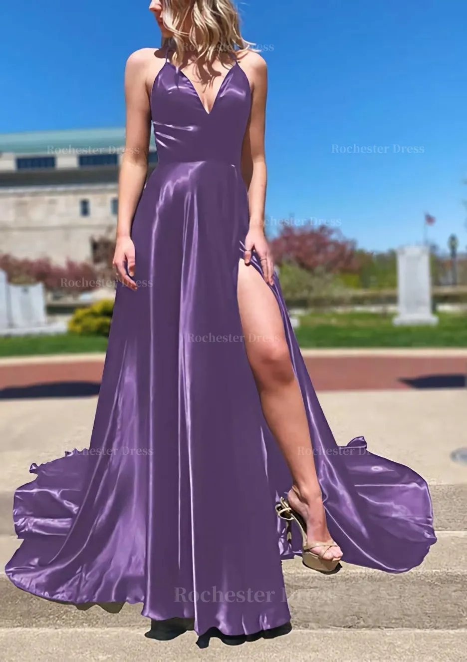 A-line V Neck Spaghetti Straps Sweep Train Charmeuse Prom Dress With Split