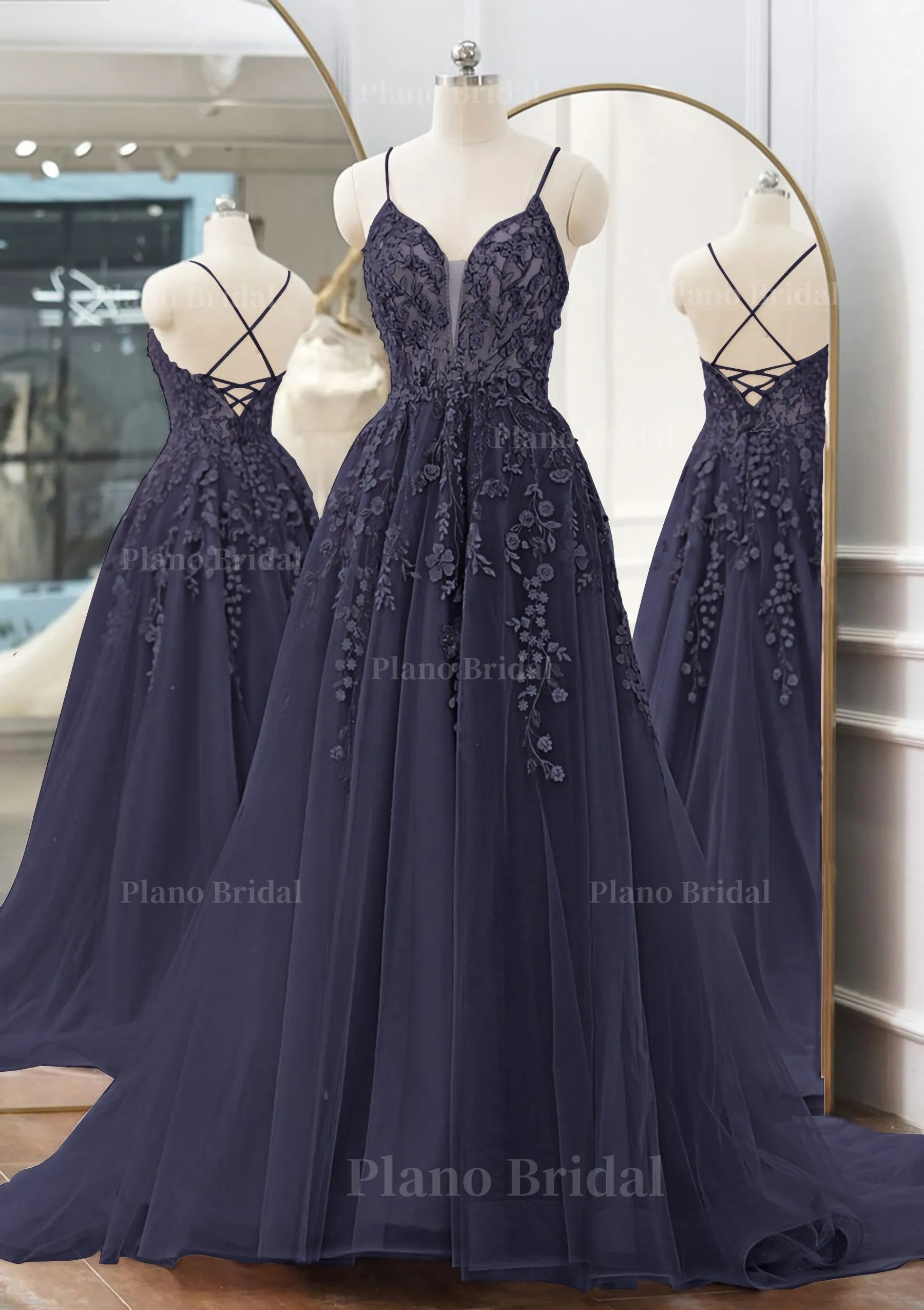 A-line V Neck Spaghetti Straps Sweep Train Tulle Prom Dress With Appliqued Beading