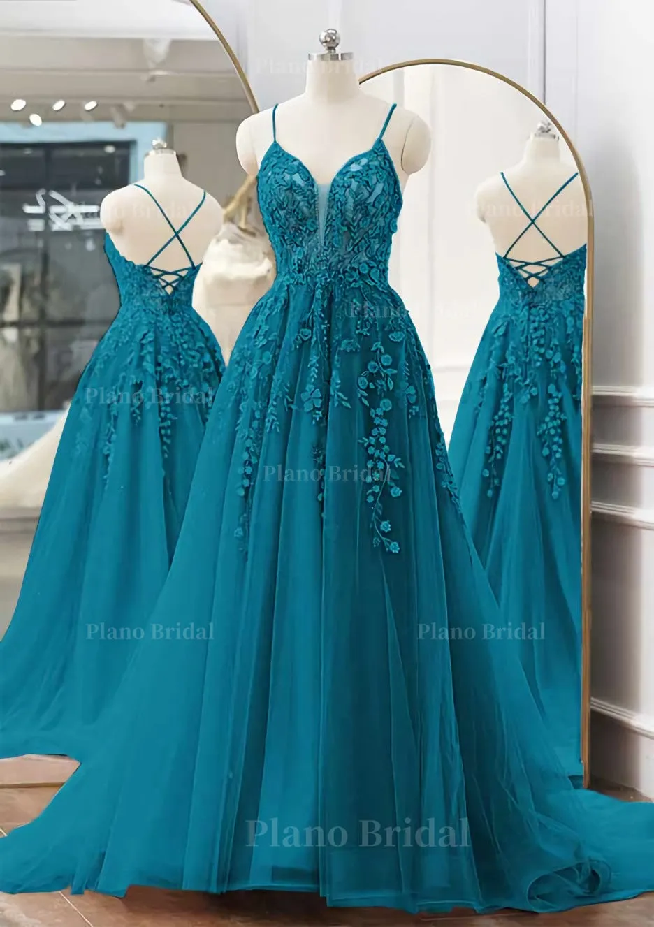 A-line V Neck Spaghetti Straps Sweep Train Tulle Prom Dress With Appliqued Beading