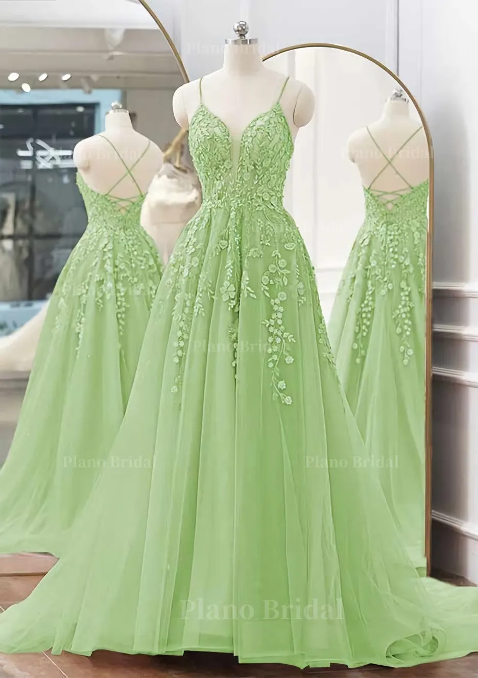 A-line V Neck Spaghetti Straps Sweep Train Tulle Prom Dress With Appliqued Beading