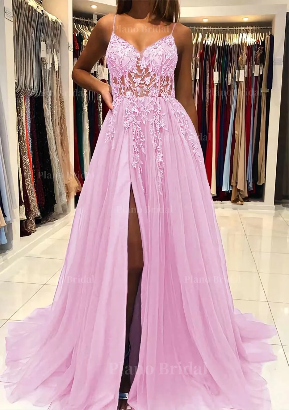 A-line V Neck Spaghetti Straps Sweep Train Tulle Prom Dress With Beading Sequins Split