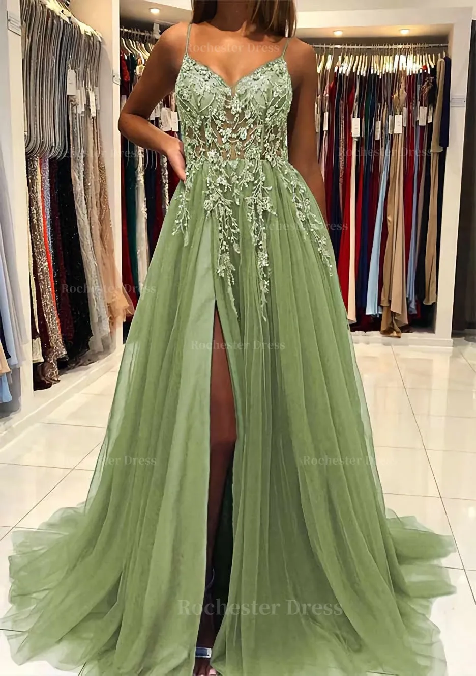 A-line V Neck Spaghetti Straps Sweep Train Tulle Prom Dress With Beading Sequins Split