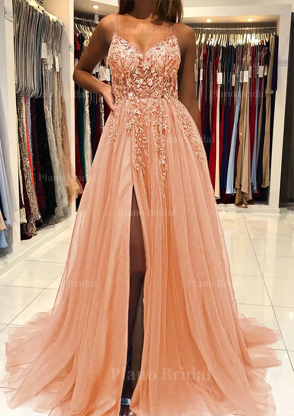 A-line V Neck Spaghetti Straps Sweep Train Tulle Prom Dress With Beading Sequins Split