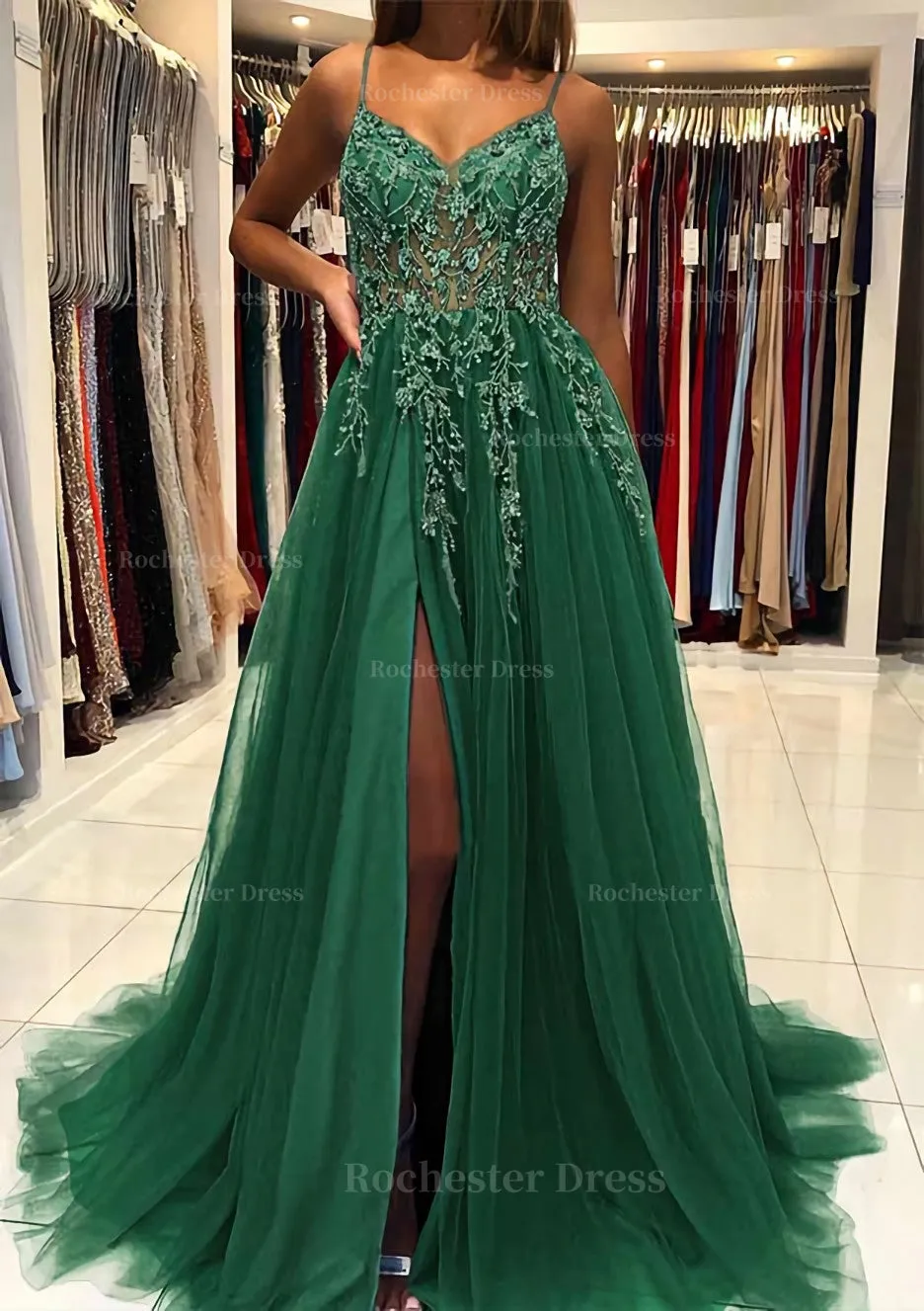 A-line V Neck Spaghetti Straps Sweep Train Tulle Prom Dress With Beading Sequins Split