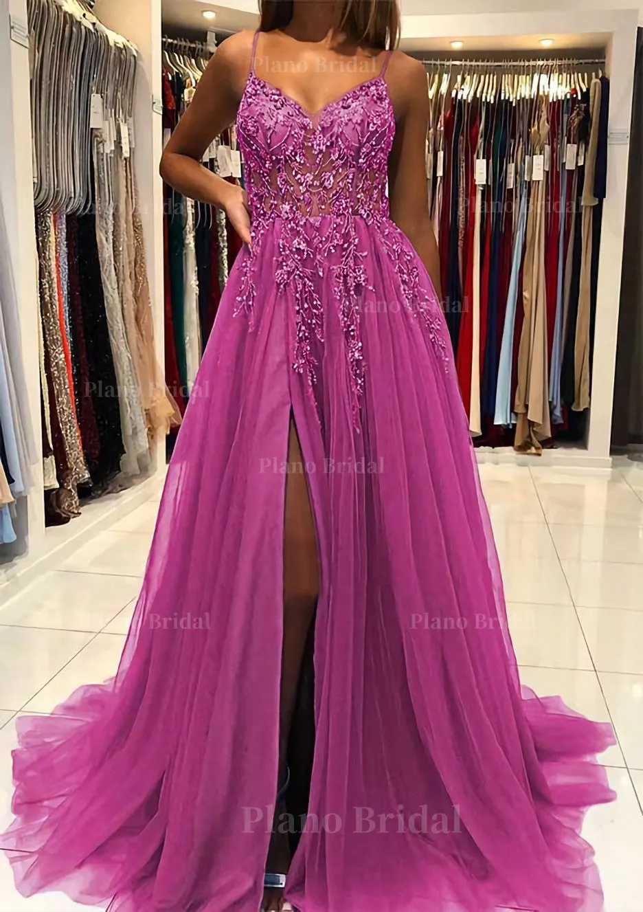 A-line V Neck Spaghetti Straps Sweep Train Tulle Prom Dress With Beading Sequins Split