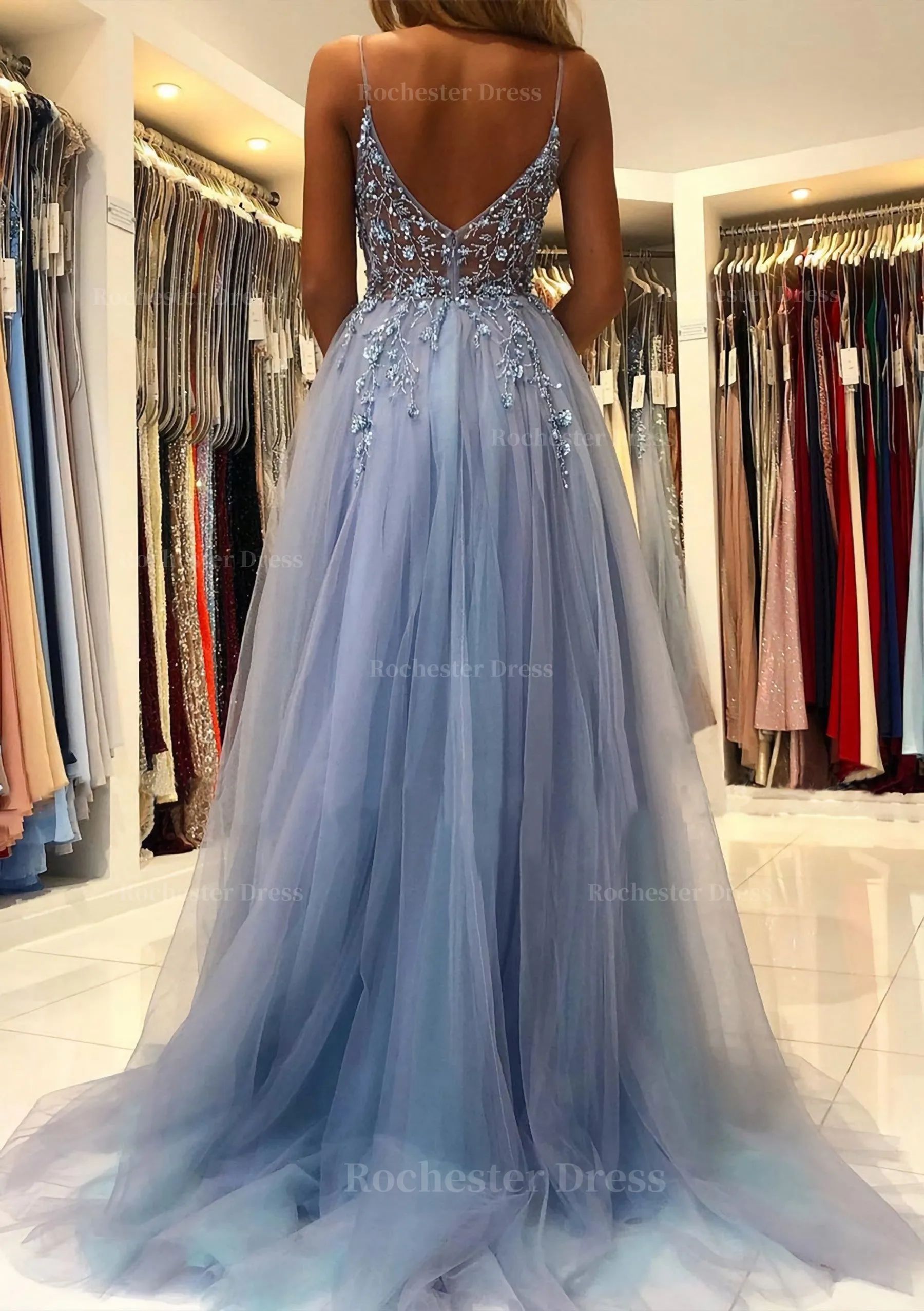 A-line V Neck Spaghetti Straps Sweep Train Tulle Prom Dress With Beading Sequins Split