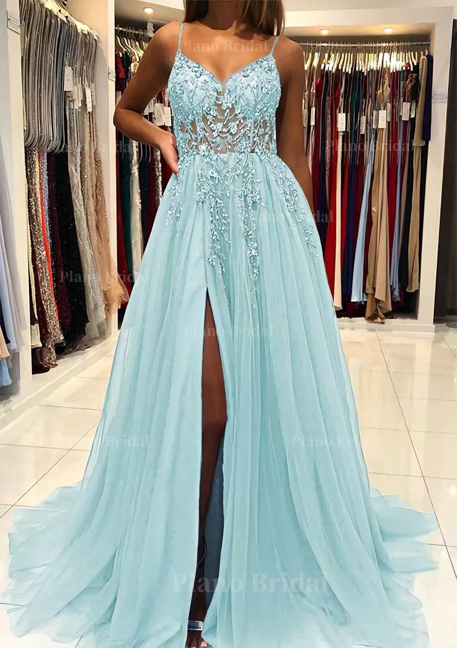 A-line V Neck Spaghetti Straps Sweep Train Tulle Prom Dress With Beading Sequins Split