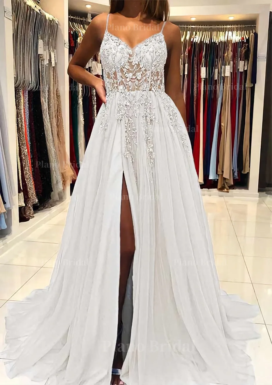 A-line V Neck Spaghetti Straps Sweep Train Tulle Prom Dress With Beading Sequins Split