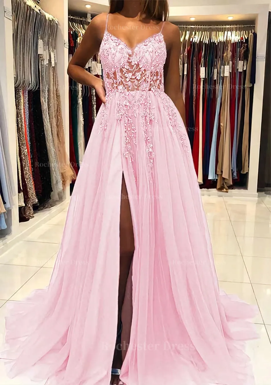 A-line V Neck Spaghetti Straps Sweep Train Tulle Prom Dress With Beading Sequins Split