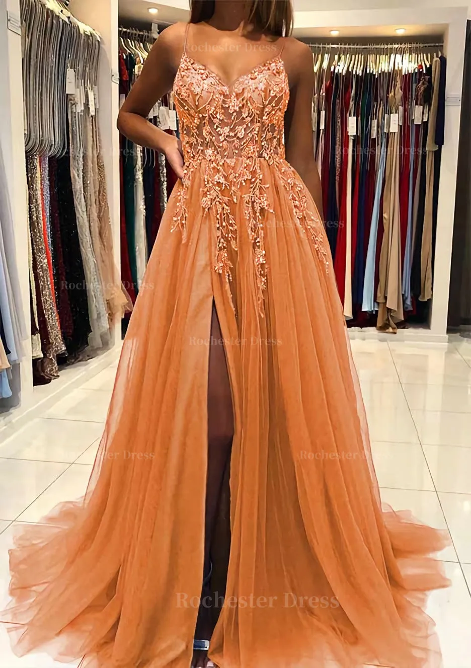 A-line V Neck Spaghetti Straps Sweep Train Tulle Prom Dress With Beading Sequins Split