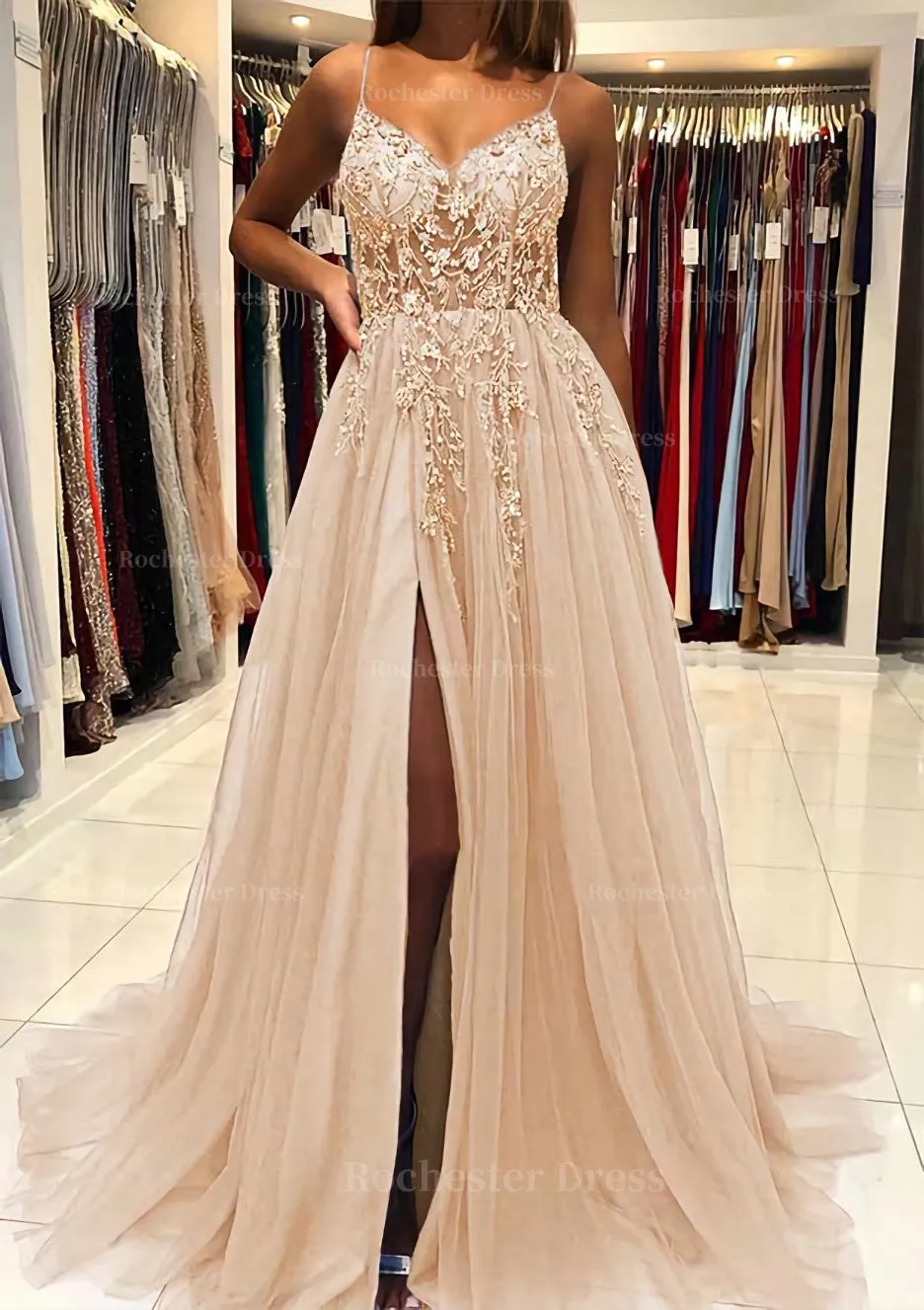 A-line V Neck Spaghetti Straps Sweep Train Tulle Prom Dress With Beading Sequins Split