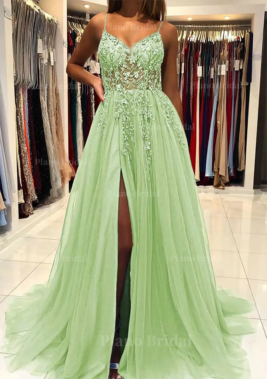 A-line V Neck Spaghetti Straps Sweep Train Tulle Prom Dress With Beading Sequins Split