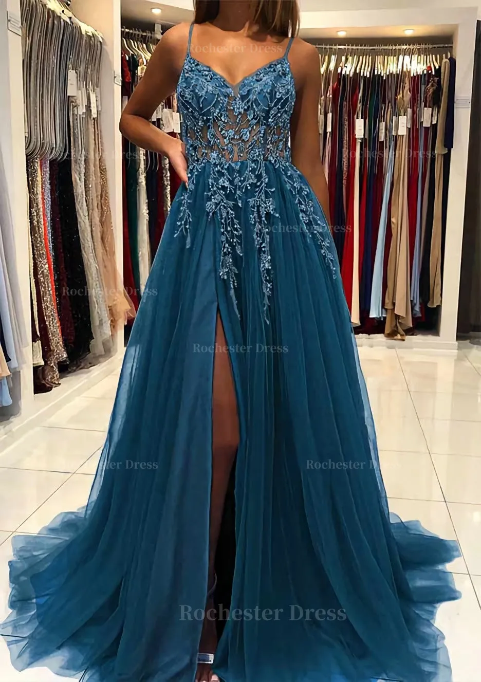 A-line V Neck Spaghetti Straps Sweep Train Tulle Prom Dress With Beading Sequins Split