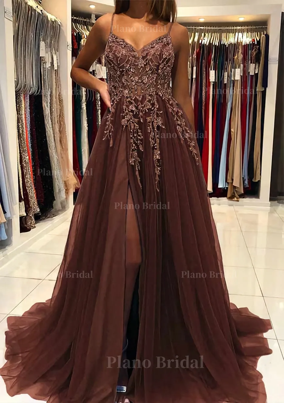 A-line V Neck Spaghetti Straps Sweep Train Tulle Prom Dress With Beading Sequins Split