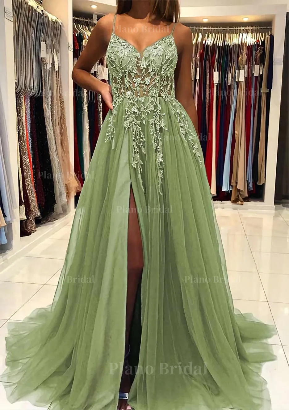 A-line V Neck Spaghetti Straps Sweep Train Tulle Prom Dress With Beading Sequins Split