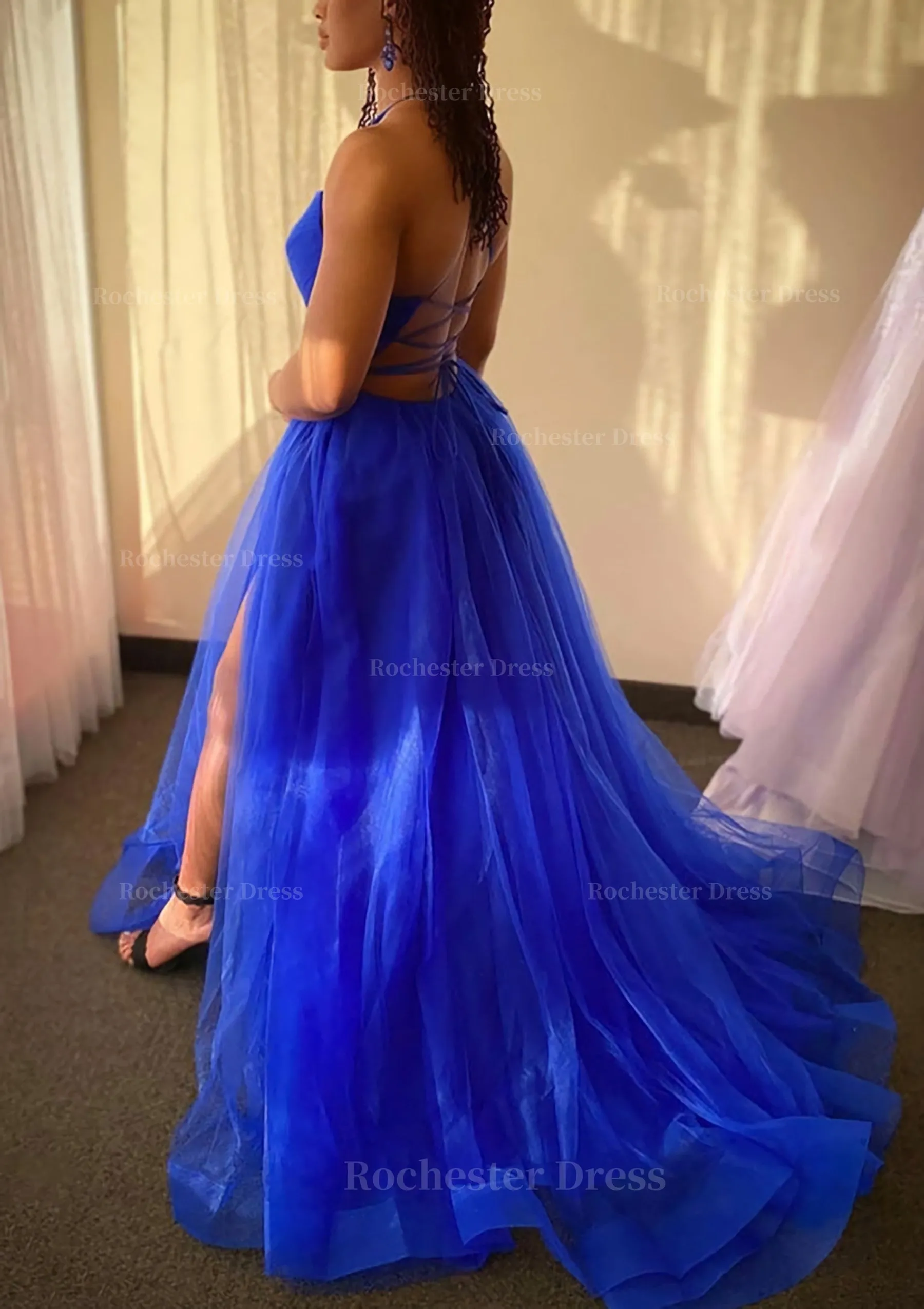 A-line V Neck Spaghetti Straps Sweep Train Tulle Prom Dress With Split