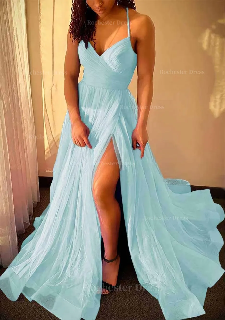 A-line V Neck Spaghetti Straps Sweep Train Tulle Prom Dress With Split