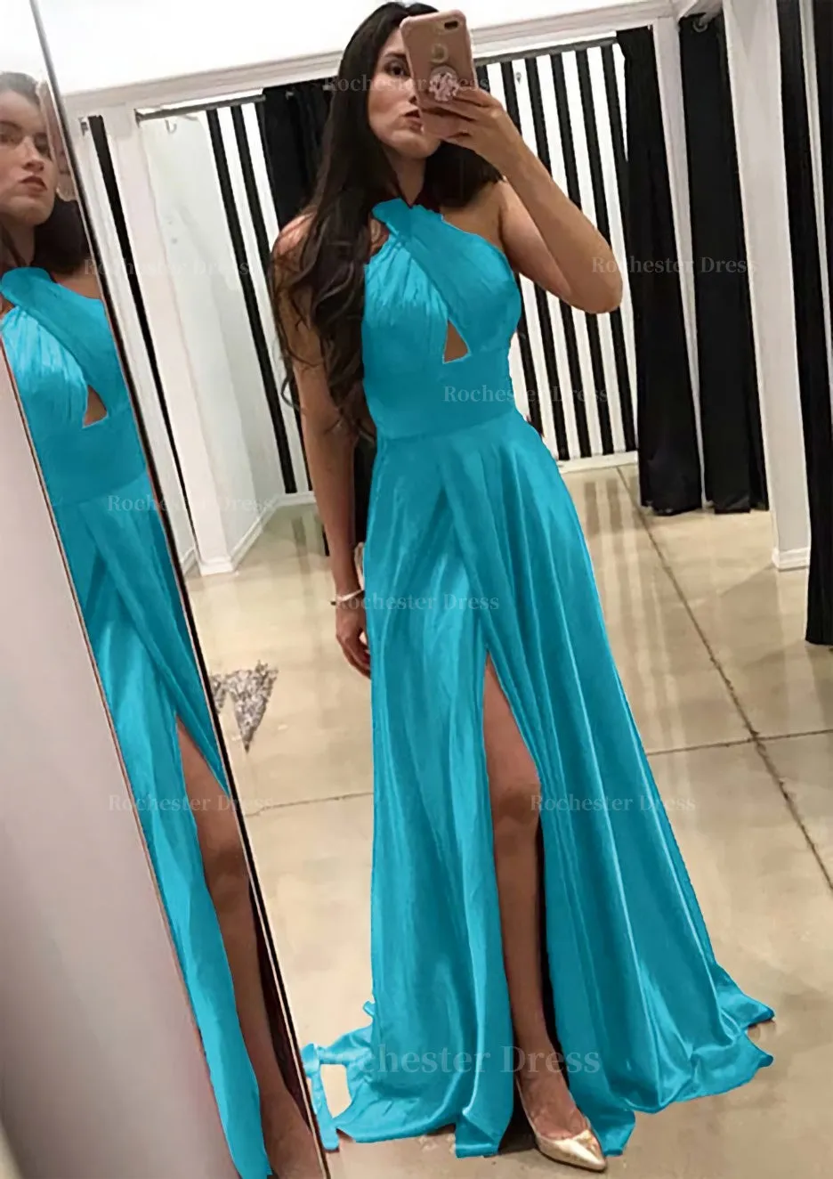 A-line/Princess Halter Sleeveless Sweep Train Charmeuse Prom Dress With Split