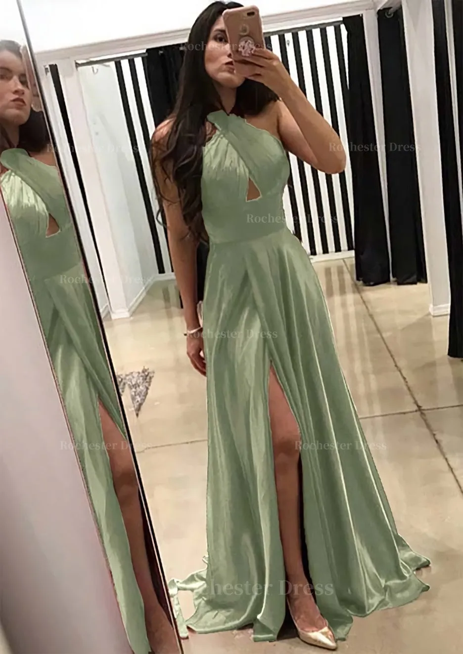 A-line/Princess Halter Sleeveless Sweep Train Charmeuse Prom Dress With Split