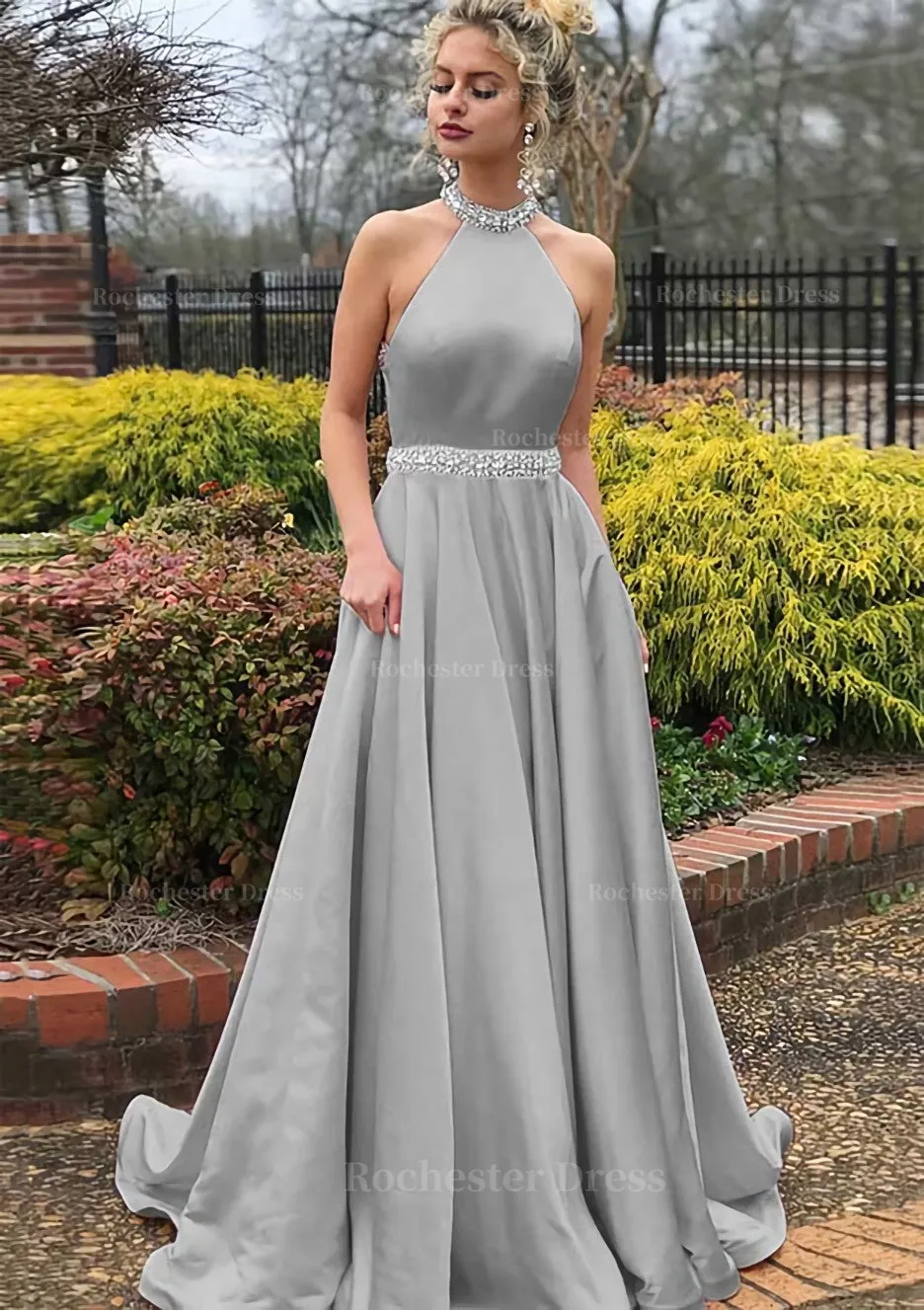 A-line/Princess High-Neck Sleeveless Sweep Train Satin Prom Dress With Waistband Beading