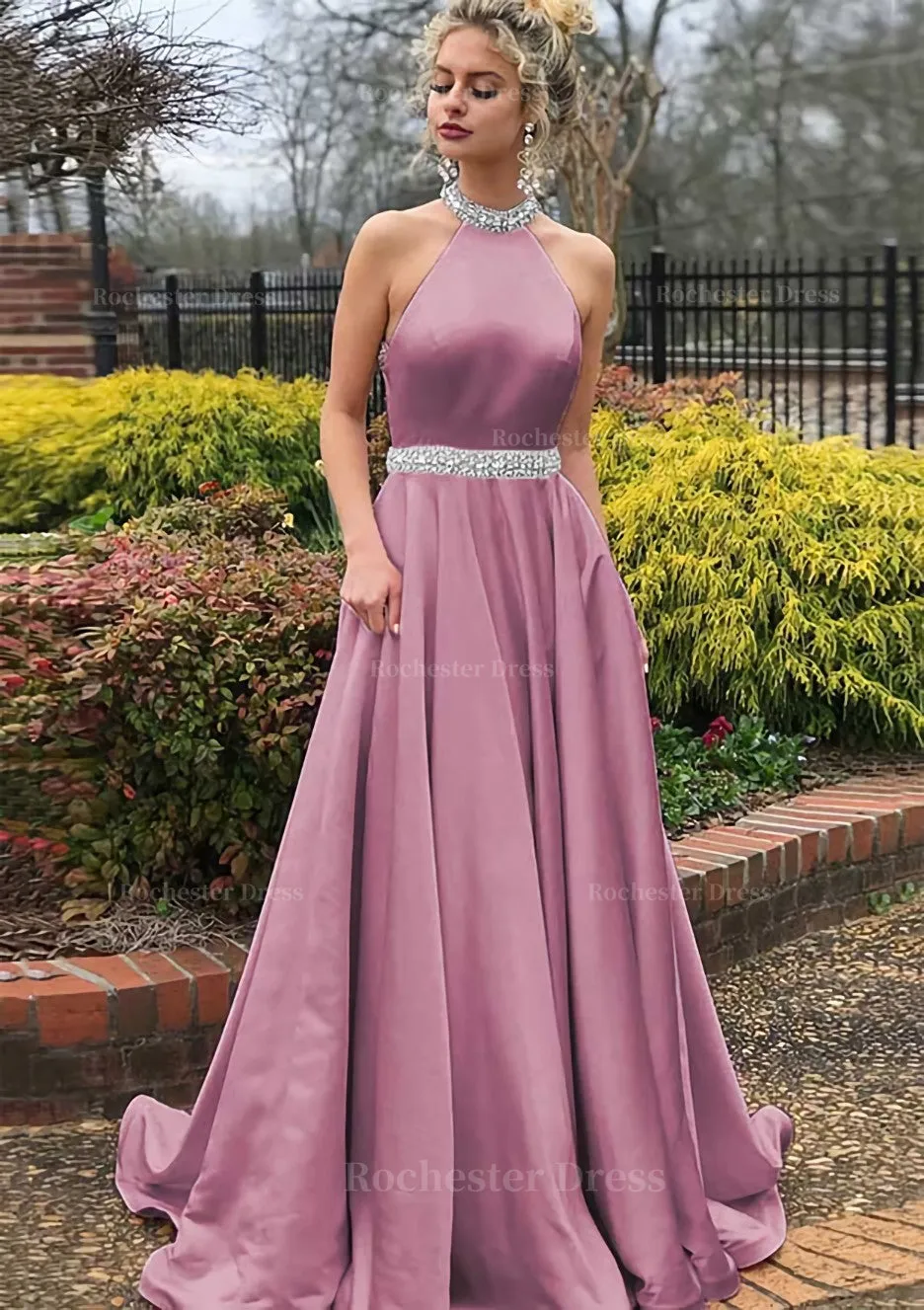 A-line/Princess High-Neck Sleeveless Sweep Train Satin Prom Dress With Waistband Beading