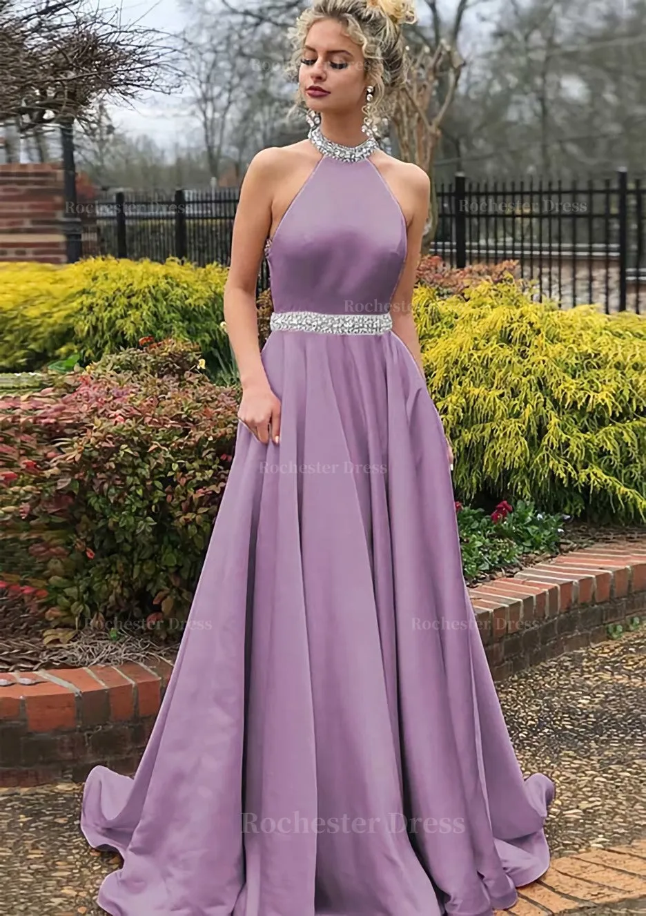 A-line/Princess High-Neck Sleeveless Sweep Train Satin Prom Dress With Waistband Beading