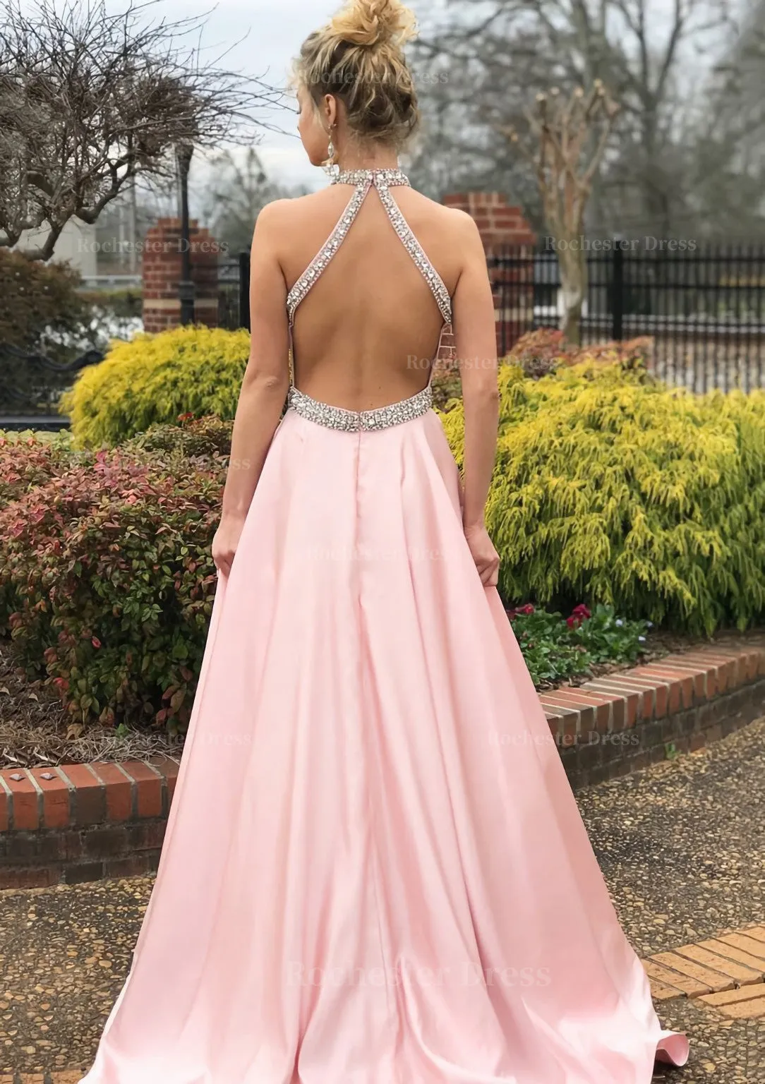 A-line/Princess High-Neck Sleeveless Sweep Train Satin Prom Dress With Waistband Beading