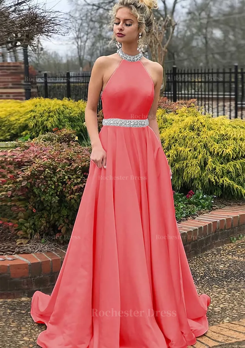 A-line/Princess High-Neck Sleeveless Sweep Train Satin Prom Dress With Waistband Beading