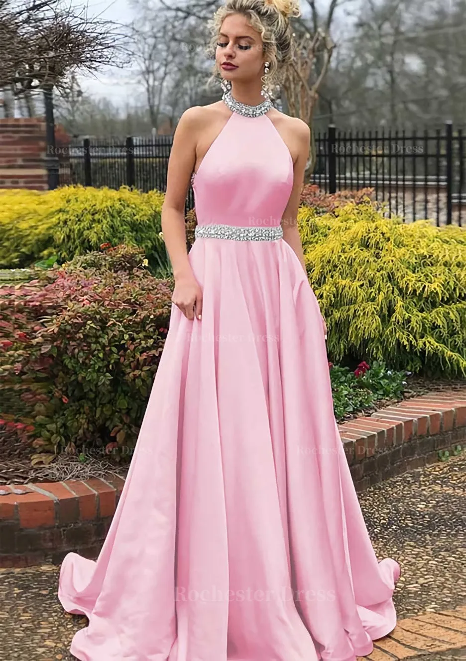 A-line/Princess High-Neck Sleeveless Sweep Train Satin Prom Dress With Waistband Beading