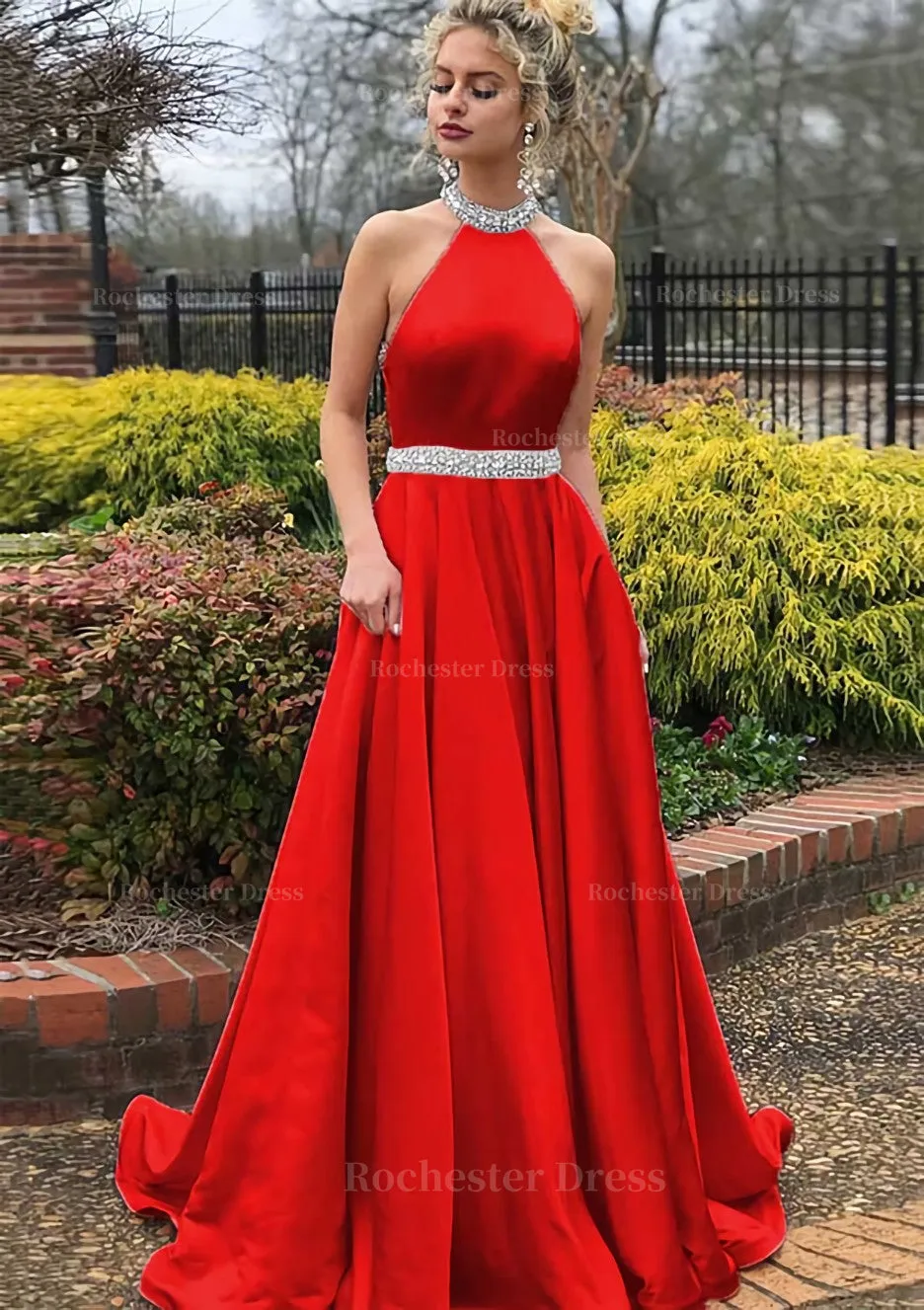 A-line/Princess High-Neck Sleeveless Sweep Train Satin Prom Dress With Waistband Beading