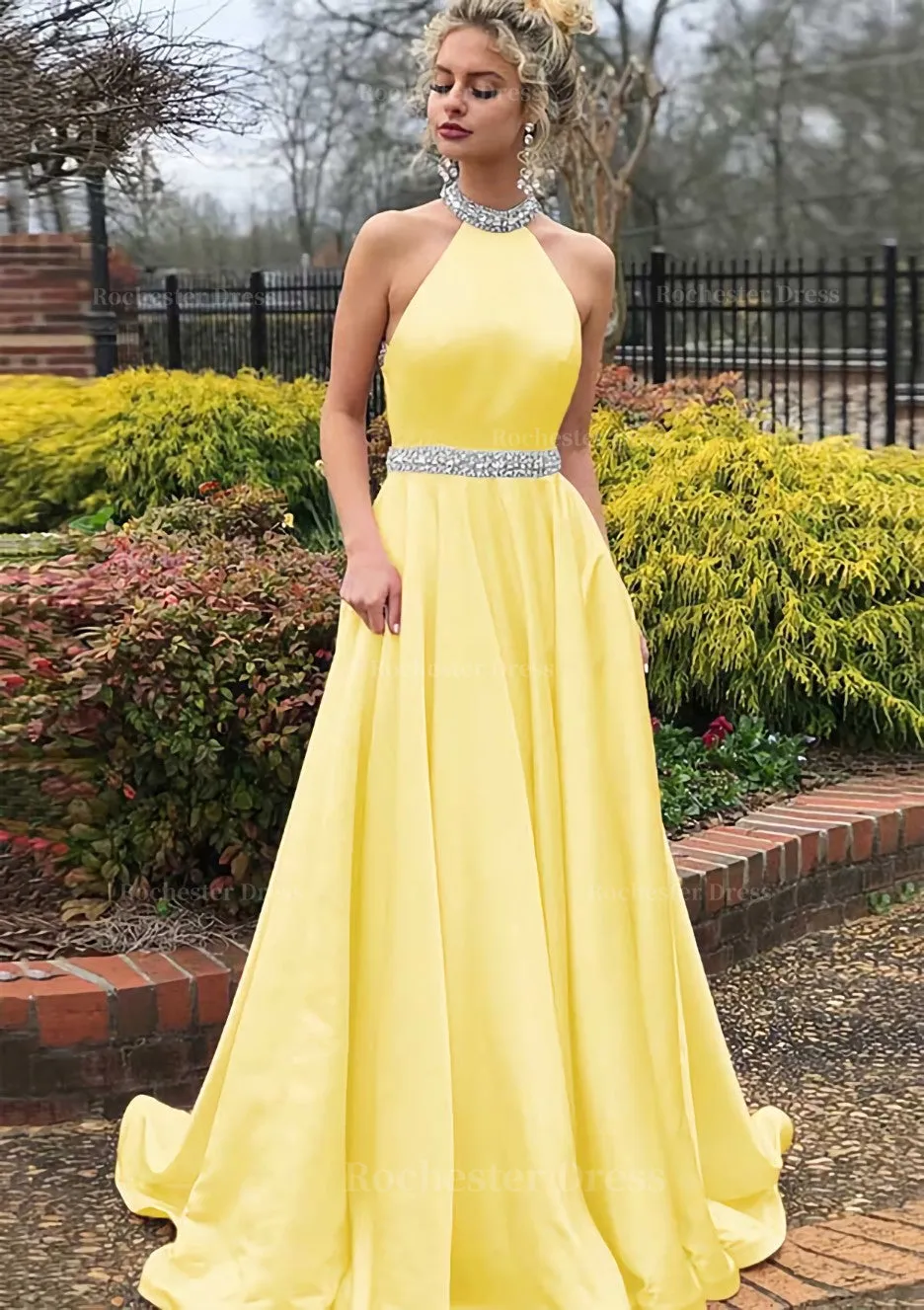 A-line/Princess High-Neck Sleeveless Sweep Train Satin Prom Dress With Waistband Beading