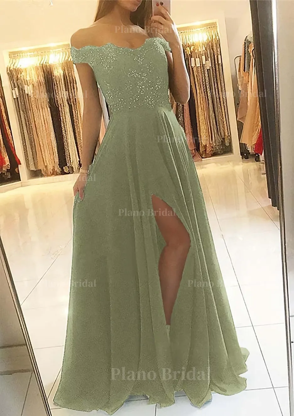 A-line/Princess Off-the-Shoulder Sleeveless Long/Floor-Length Chiffon Prom Dress With Beading Split