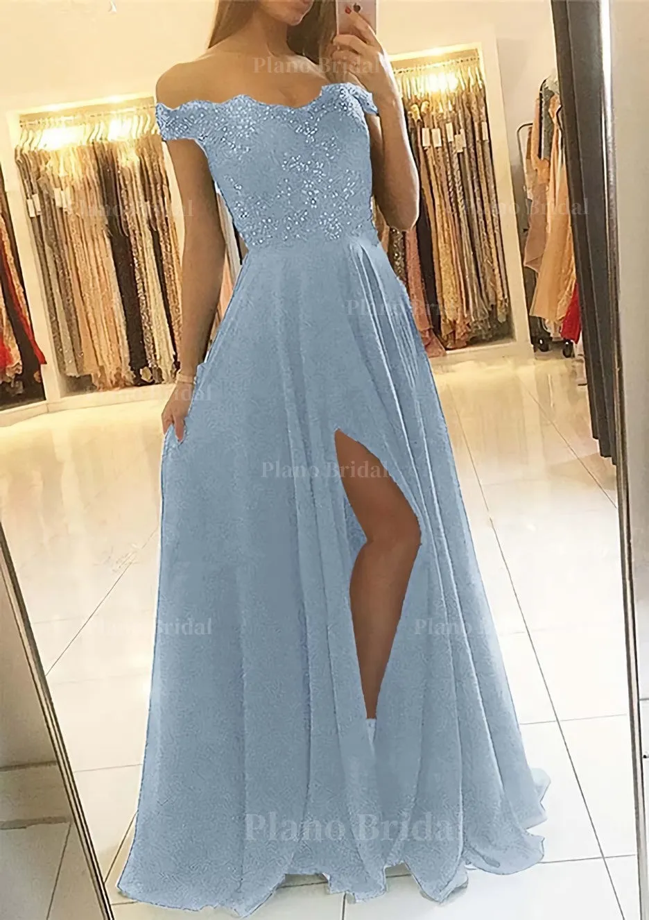 A-line/Princess Off-the-Shoulder Sleeveless Long/Floor-Length Chiffon Prom Dress With Beading Split