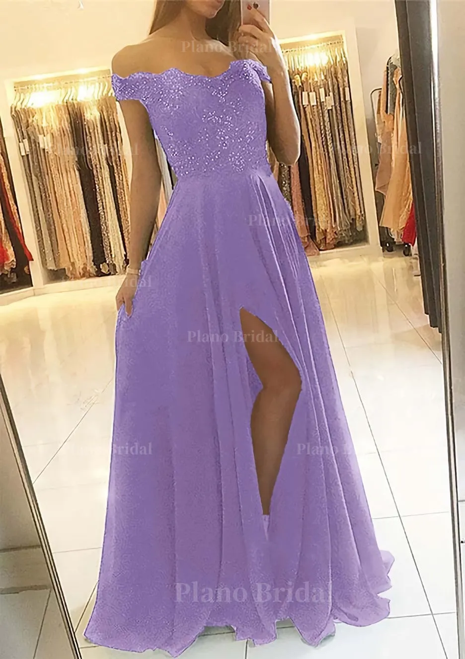 A-line/Princess Off-the-Shoulder Sleeveless Long/Floor-Length Chiffon Prom Dress With Beading Split