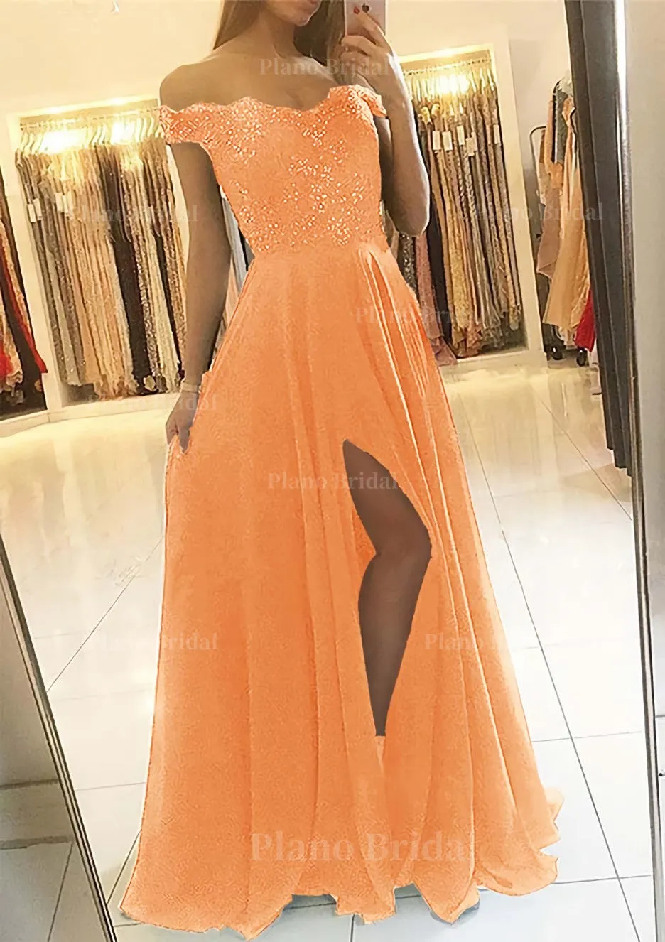 A-line/Princess Off-the-Shoulder Sleeveless Long/Floor-Length Chiffon Prom Dress With Beading Split