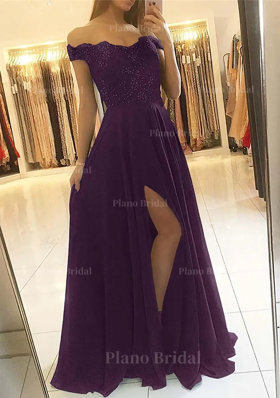 A-line/Princess Off-the-Shoulder Sleeveless Long/Floor-Length Chiffon Prom Dress With Beading Split