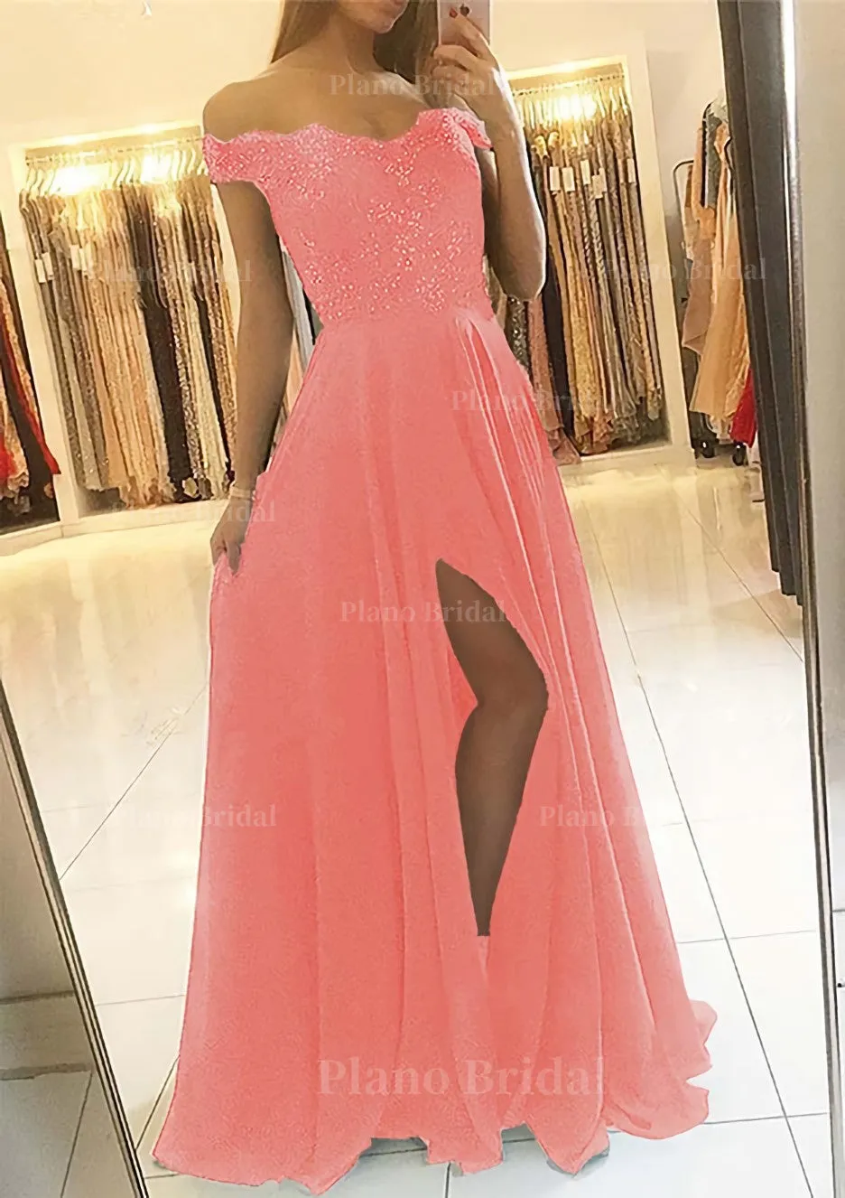 A-line/Princess Off-the-Shoulder Sleeveless Long/Floor-Length Chiffon Prom Dress With Beading Split