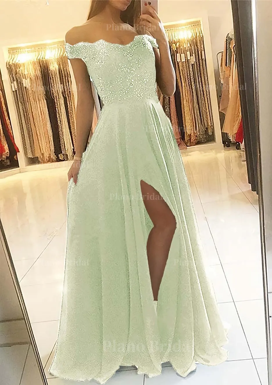 A-line/Princess Off-the-Shoulder Sleeveless Long/Floor-Length Chiffon Prom Dress With Beading Split