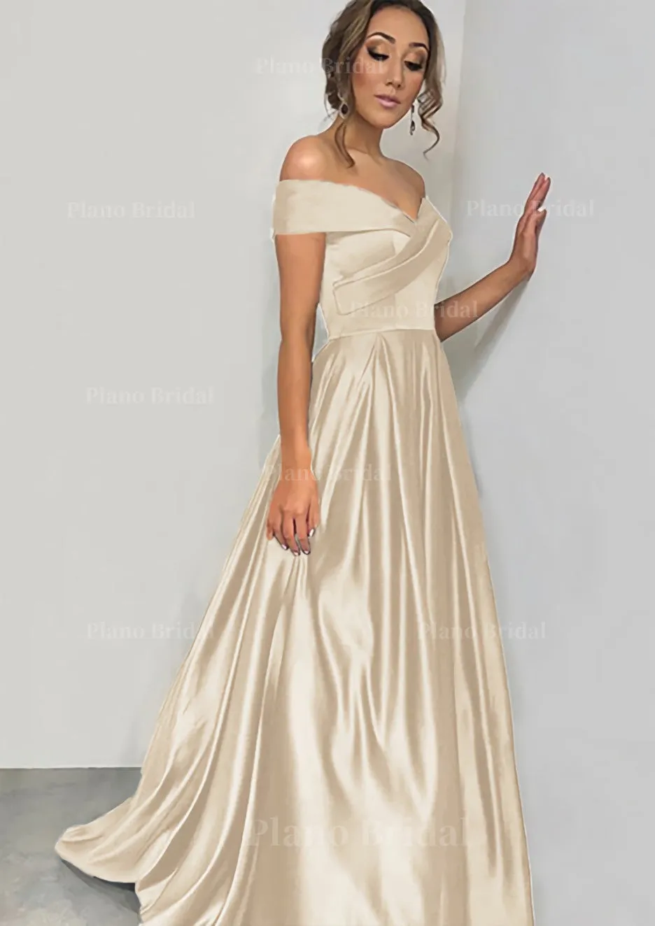 A-line/Princess Off-the-Shoulder Sleeveless Sweep Train Satin Prom Dress With Pleated