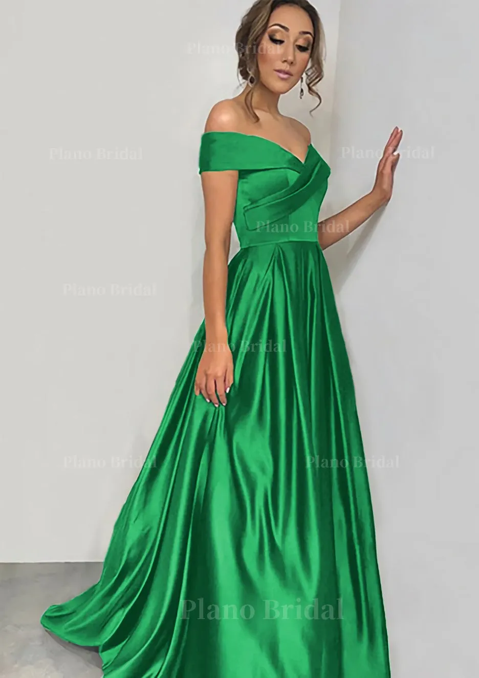 A-line/Princess Off-the-Shoulder Sleeveless Sweep Train Satin Prom Dress With Pleated