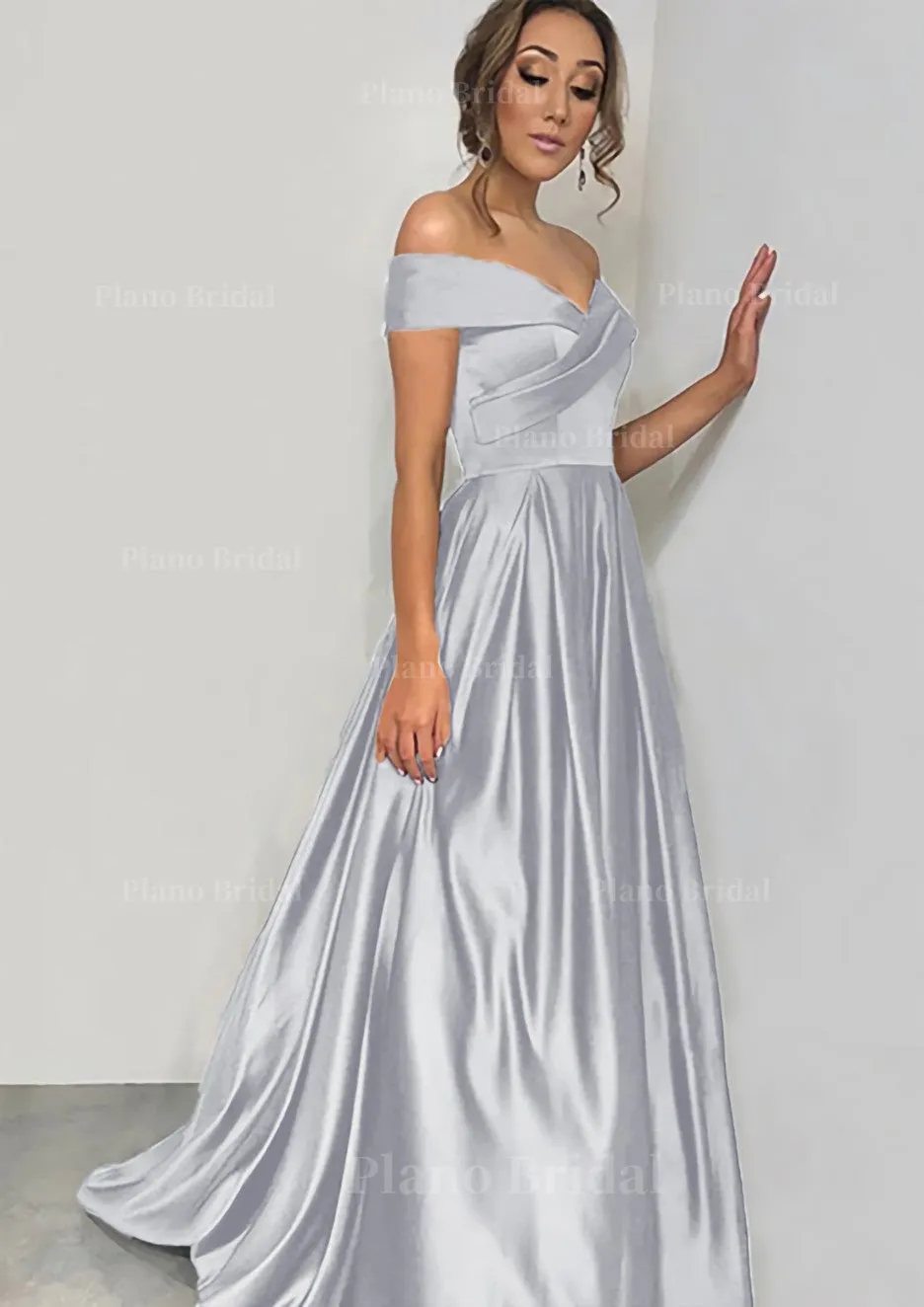 A-line/Princess Off-the-Shoulder Sleeveless Sweep Train Satin Prom Dress With Pleated