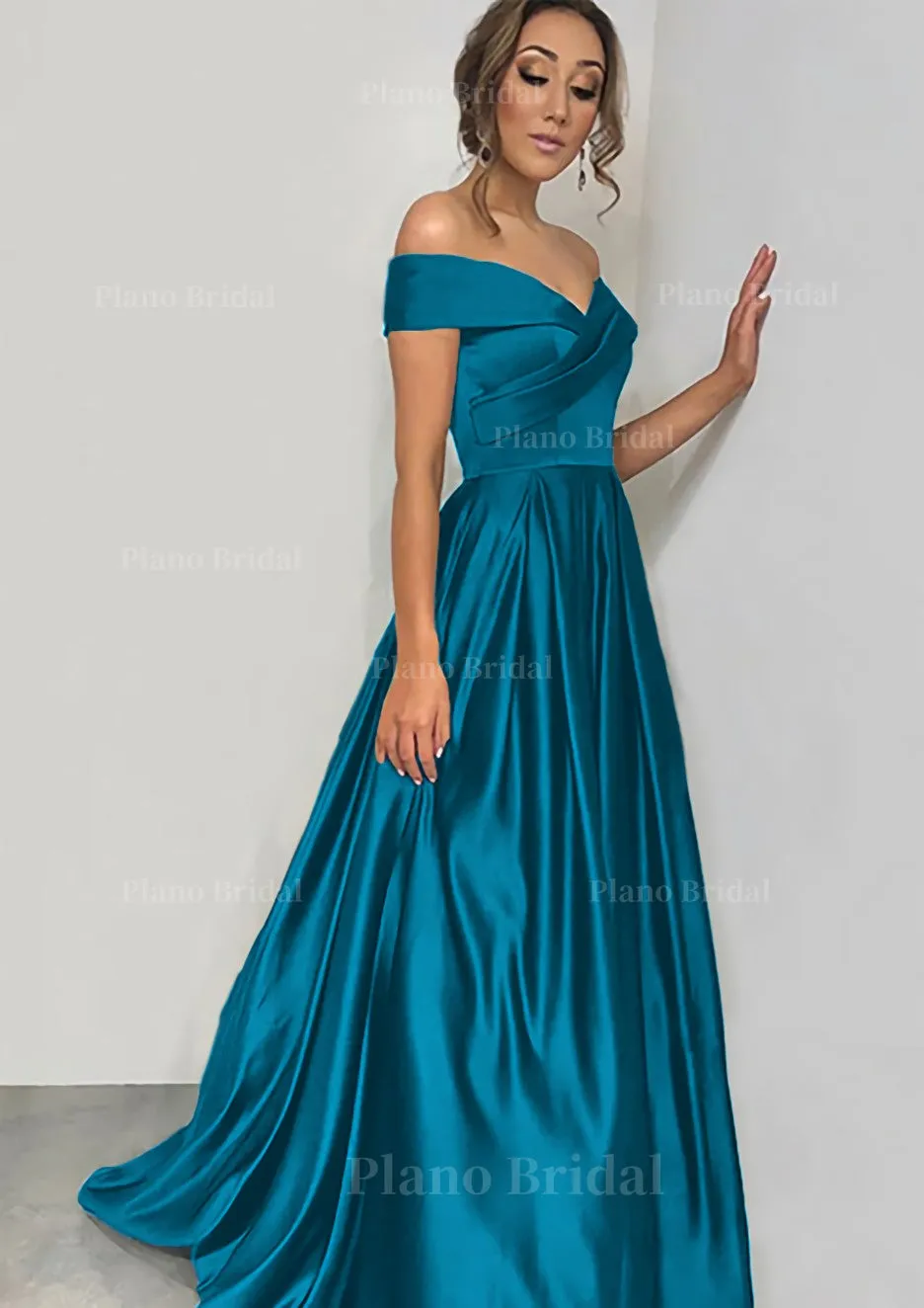 A-line/Princess Off-the-Shoulder Sleeveless Sweep Train Satin Prom Dress With Pleated