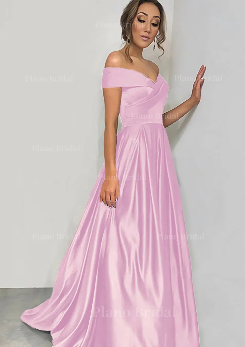 A-line/Princess Off-the-Shoulder Sleeveless Sweep Train Satin Prom Dress With Pleated