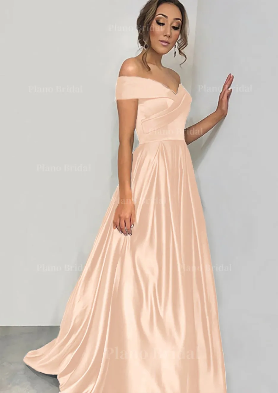 A-line/Princess Off-the-Shoulder Sleeveless Sweep Train Satin Prom Dress With Pleated