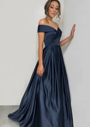 A-line/Princess Off-the-Shoulder Sleeveless Sweep Train Satin Prom Dress With Pleated