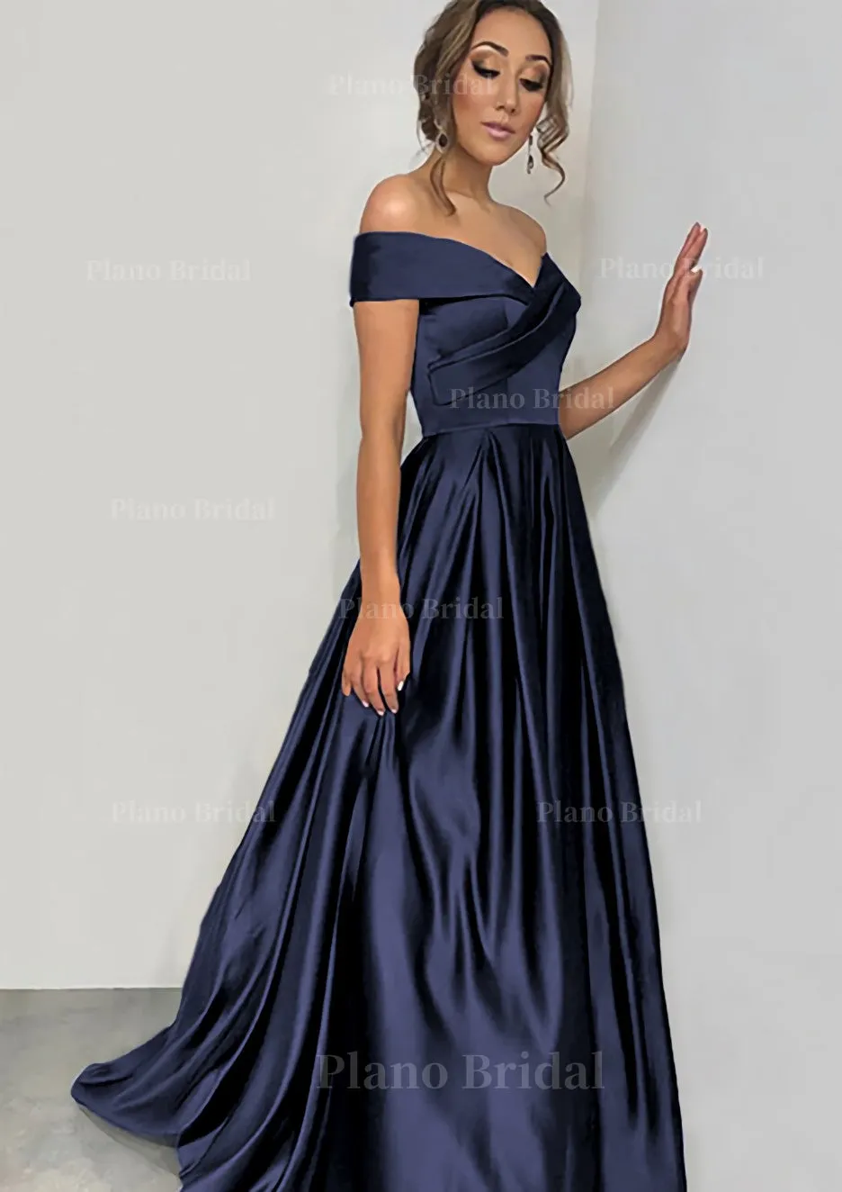 A-line/Princess Off-the-Shoulder Sleeveless Sweep Train Satin Prom Dress With Pleated