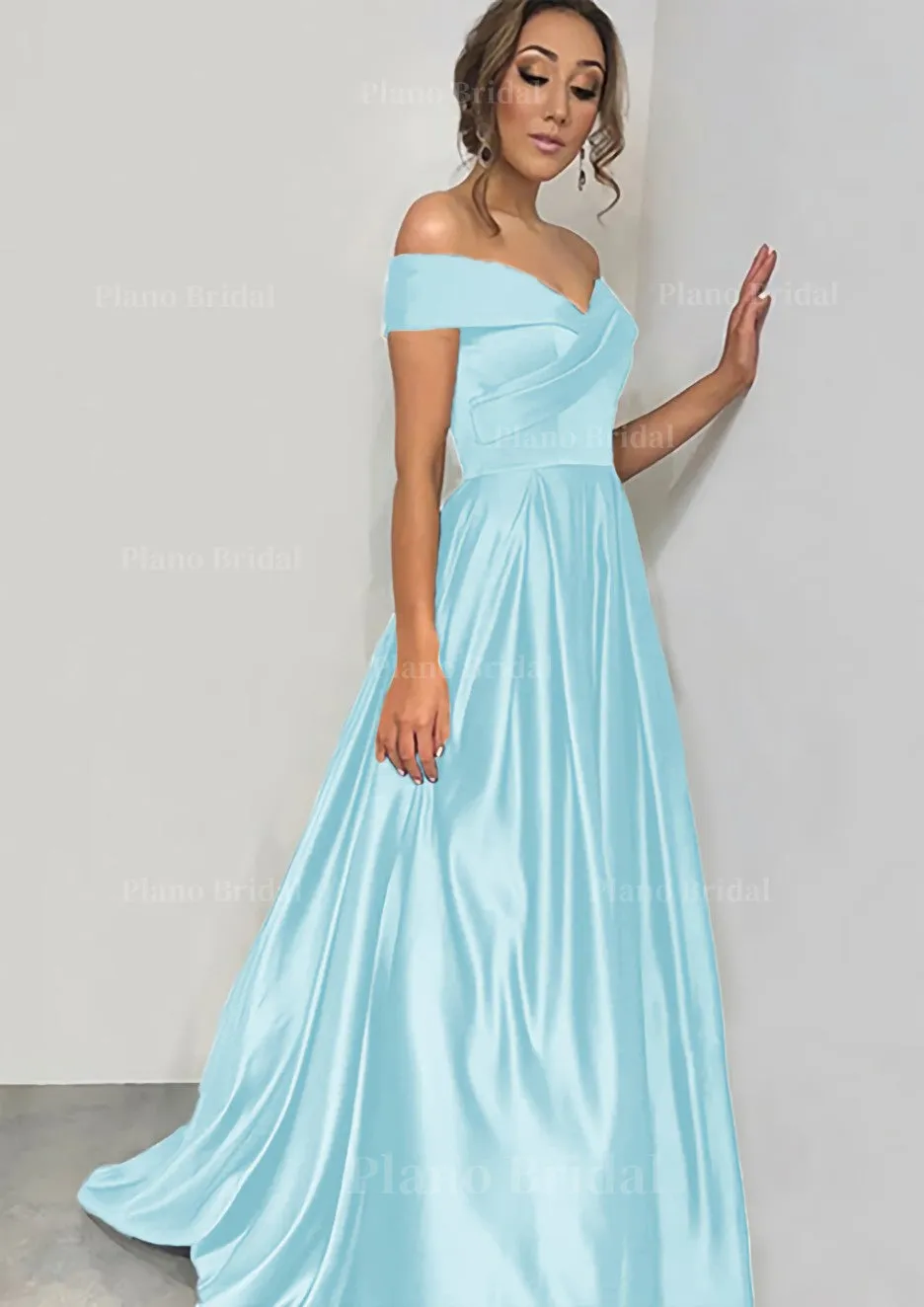 A-line/Princess Off-the-Shoulder Sleeveless Sweep Train Satin Prom Dress With Pleated