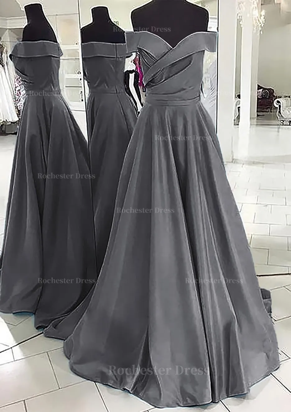 A-line/Princess Off-the-Shoulder Sleeveless Sweep Train Satin Prom Dress