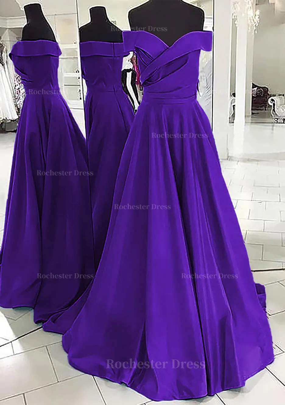 A-line/Princess Off-the-Shoulder Sleeveless Sweep Train Satin Prom Dress