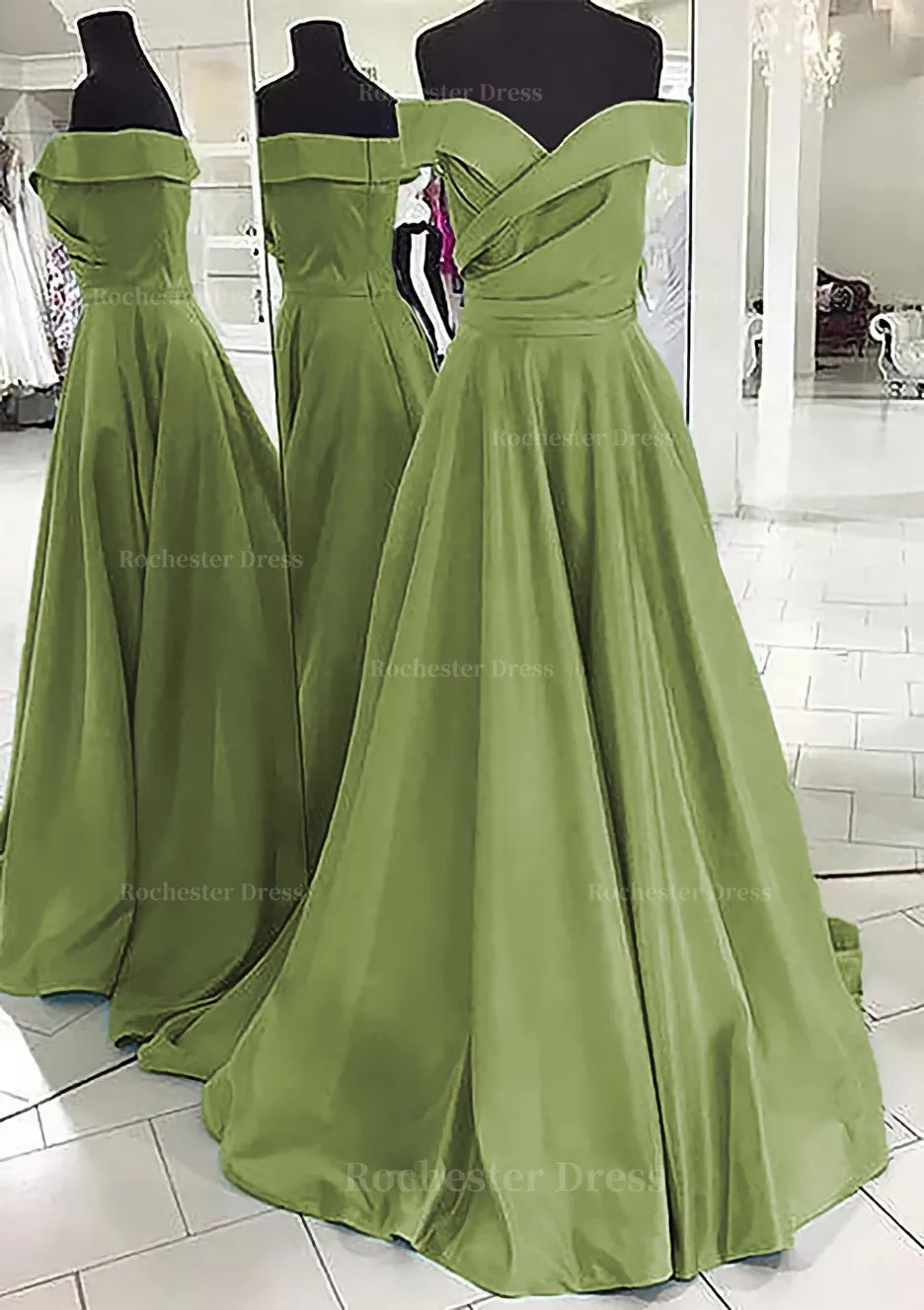 A-line/Princess Off-the-Shoulder Sleeveless Sweep Train Satin Prom Dress